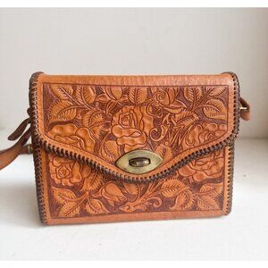 Vintage Leather Hand Tooled Floral Leaf Print Custom Made Structure Shoulder Bag